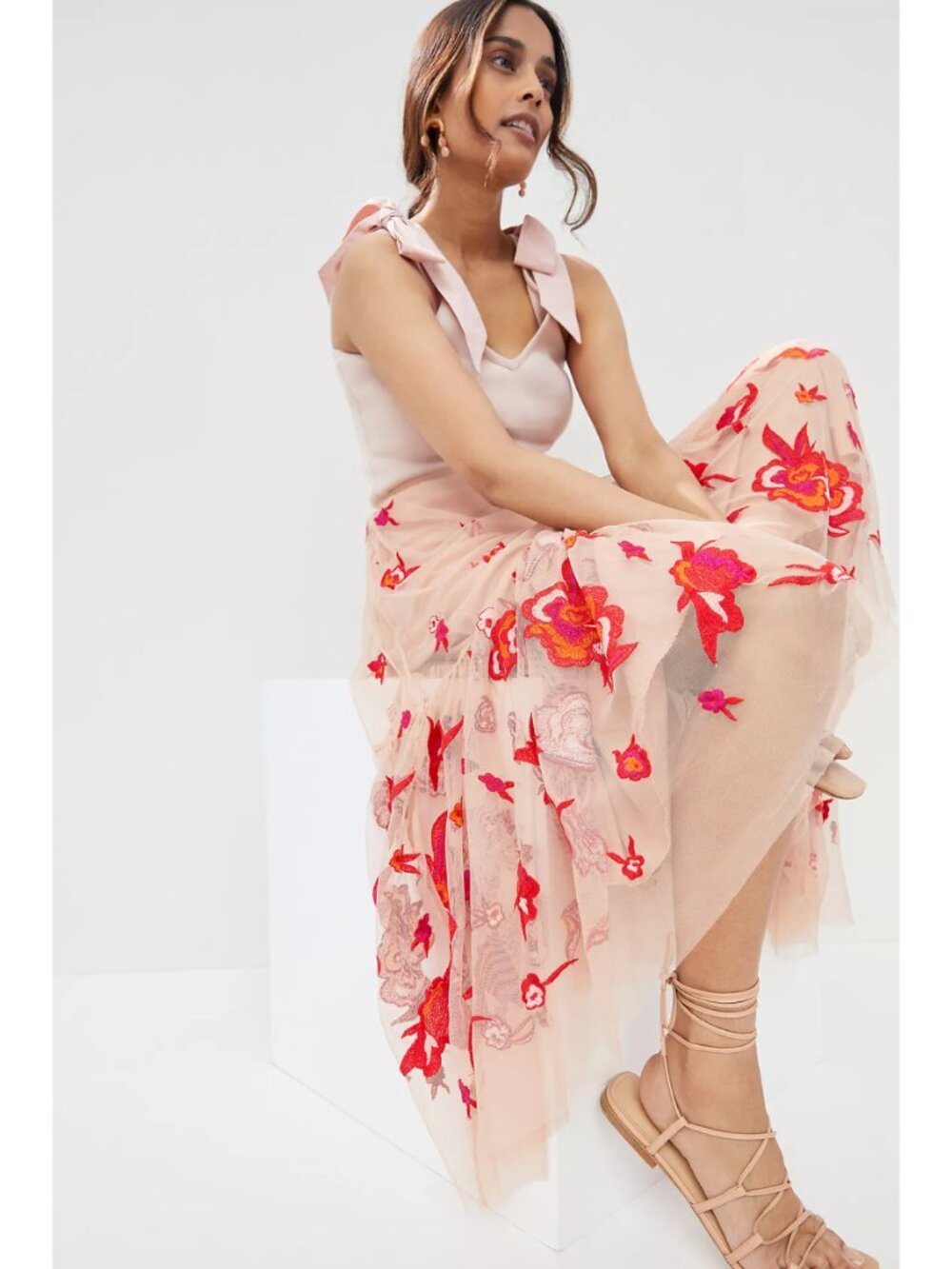 Anthropologie Maeve Embroidered Tulle Maxi Skirt
